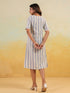 Janasya Women's White & Blue Cotton Striped Button Down A-line Dress